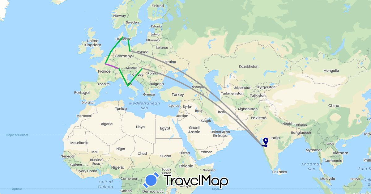 TravelMap itinerary: driving, bus, plane, train in Switzerland, Germany, Denmark, France, Hungary, India, Italy, Netherlands (Asia, Europe)